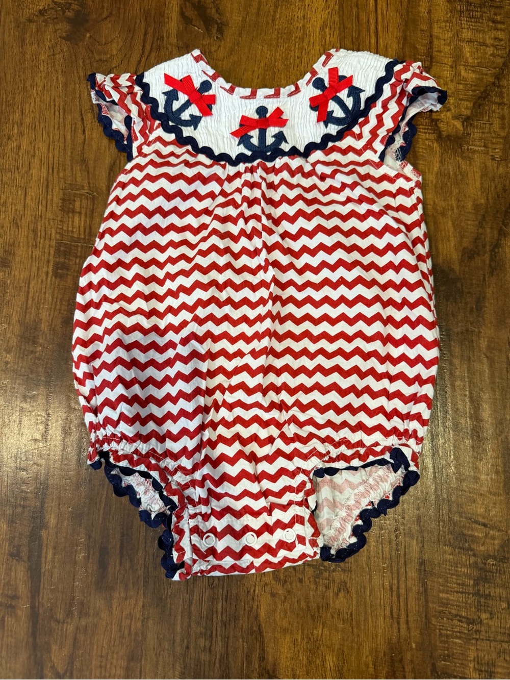 Chevron Baby Girl Romper with Navy Anchor Trim